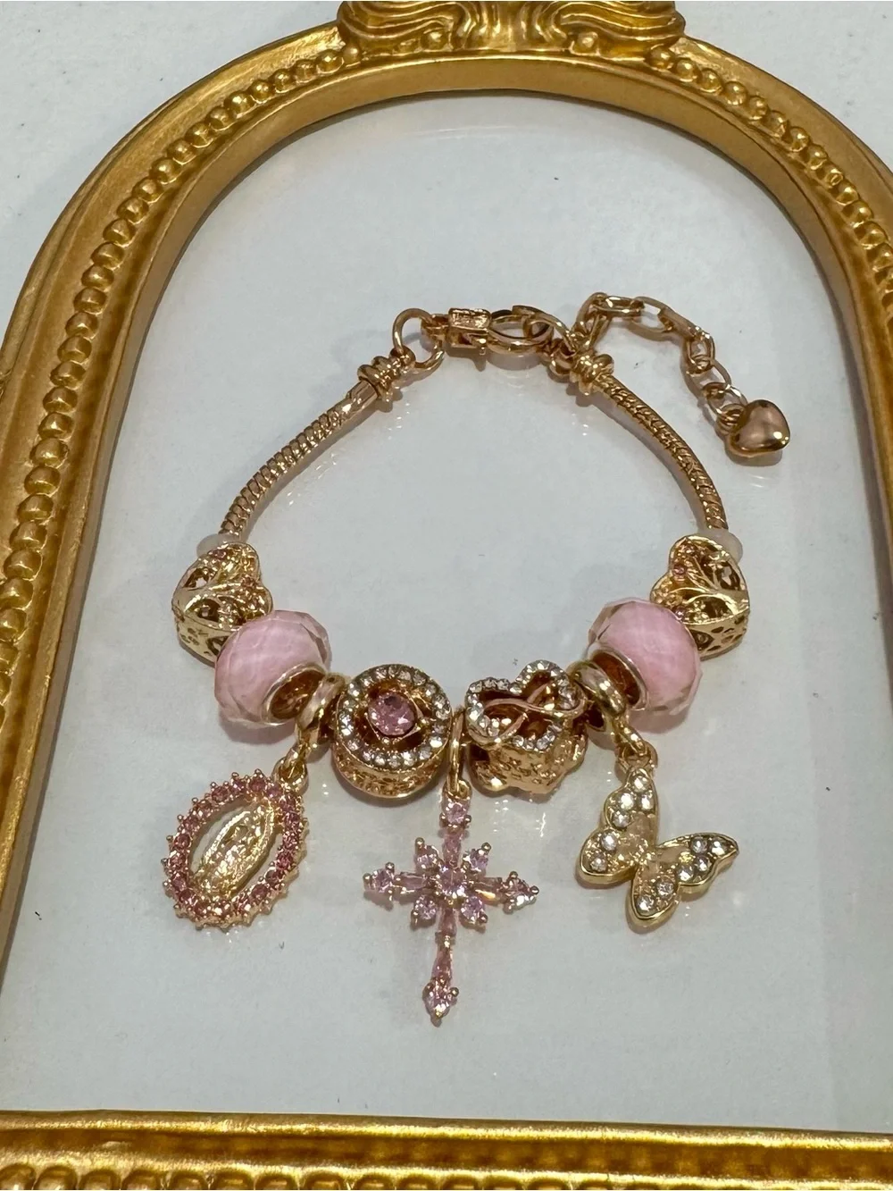 New Gold-Tone Pink Charm Bracelet with Cross, Butterfly & Heart Accents
